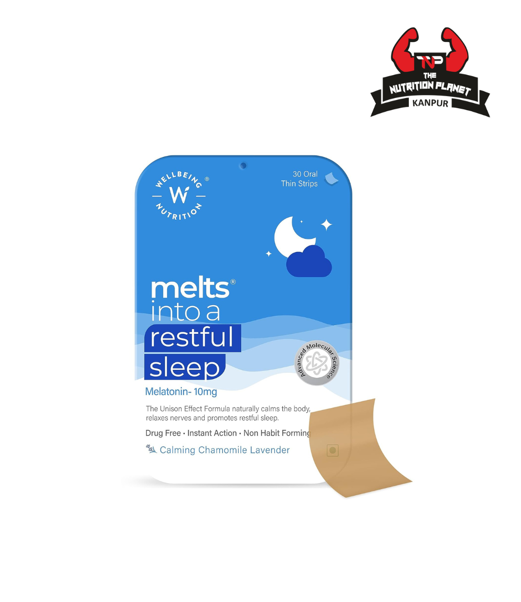 Wellbeing Nutrition Melts Restful Sleep Strips | Plant-Based Melatonin 10mg for Better Sleep & Stress Relief with Chamomile, Tagara, L-Theanine | 30 Oral Thin Strips